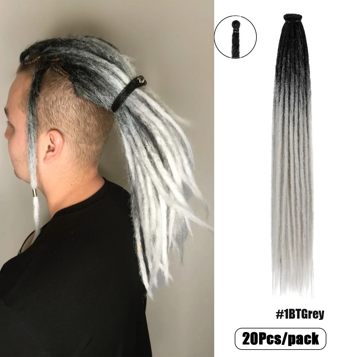 20Strands 24 Inch Synthetic Dreadlock Extensions Ombre Black 0.6cm Width Single Ended Hippie Reggae Style Crochet Hair for Men