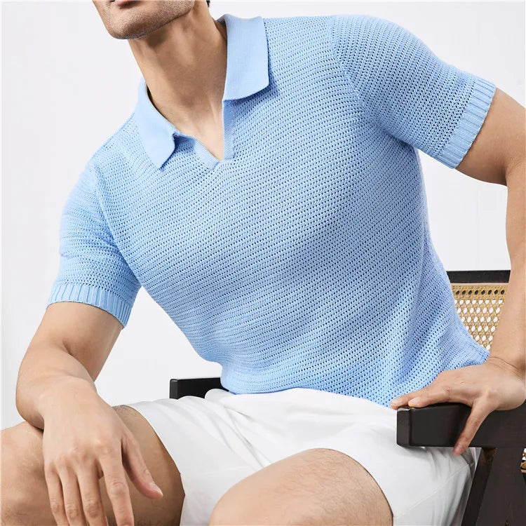 Summer Clothing Men Luxury Knitted Skinny Polo Shirt Men Korean Breathable V Neck Polo Shirts Short Sleeve Knitwear Tops Tees