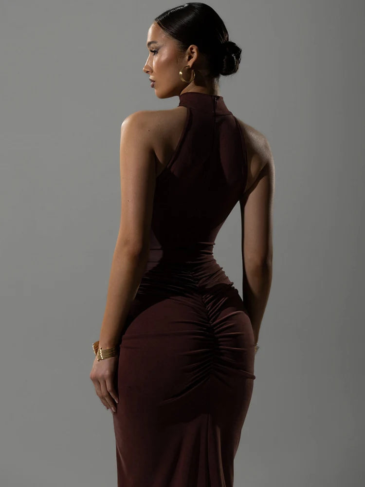Mozision Halter Ruched Sleeveless Sexy Maxi Dress Women Gown Fashion Slim High Waist Evening Club Party Split Long Dress