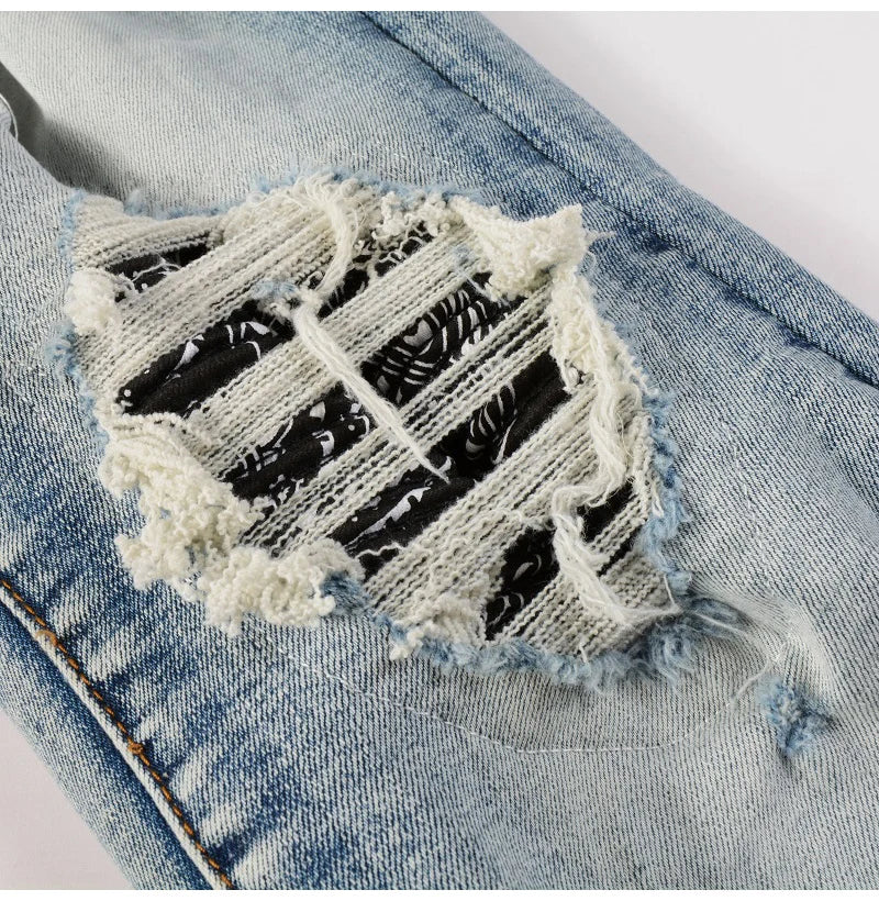 Men Paisley Bandana Print Patch Jeans Streetwear High Stretch Denim Pants Holes Ripped Patchwork Skinny Tapered Trousers