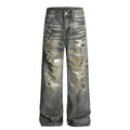 Ripped Straight Jeans Mens Retro High Street Washed Distressed Baggy Wide Leg Trousers Men