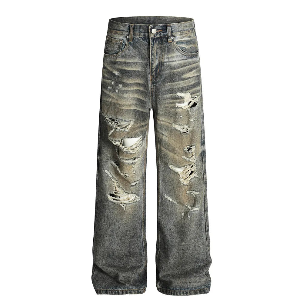Ripped Straight Jeans Mens Retro High Street Washed Distressed Baggy Wide Leg Trousers Men