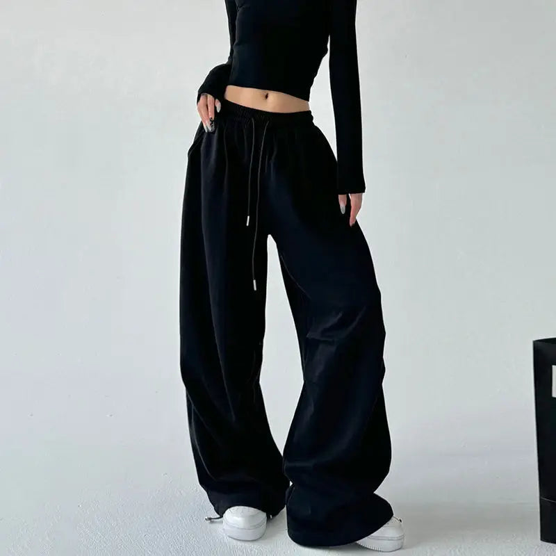 Women's Drawstring Wide Leg Sweatpants Elastic Loose Straight Leg Casual Jogger Trousers with Pockets for Daily Streetwear Pants