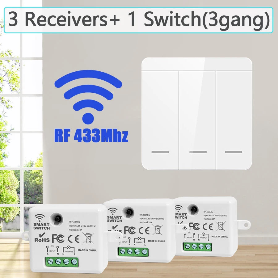 Wireless 433MHz Smart Switch Light 1/2/3Gang 86 Wall Panel Switch with Remote Control Relay Receiver 10A 110V 220V For LED Lamp