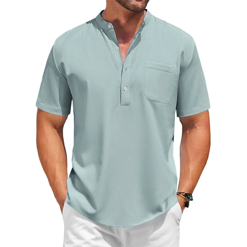 Mens Casual Henley Shirt Summer Short Sleeve Band Collar Cotton Tops Beach Hippie  Tee with Pockets Outdoor Streetwear for Men