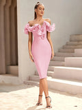 Women's Off Shoulder Bandage Midi Dress Luxury Design Ruffled  Elegant Black Sleeveless Ruffled Sexy Club Party Evening Dresses