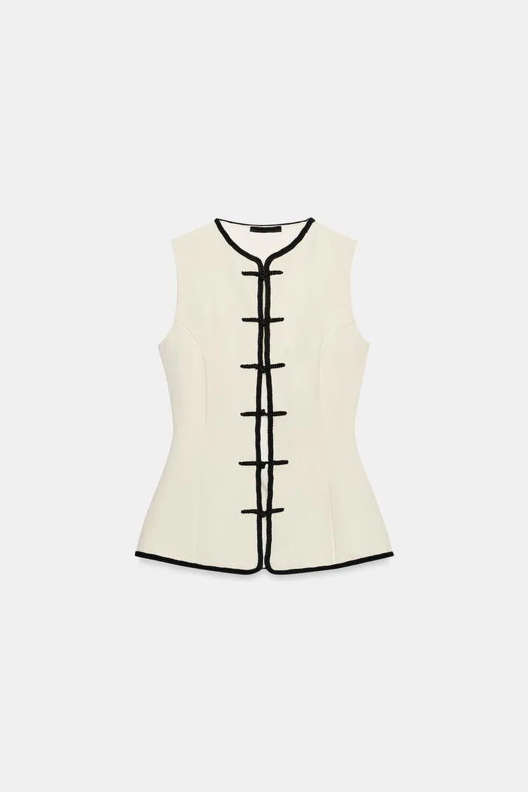 No-Sleeve round Neck Rope Knot Top with Wide Leg Pants Straight Cut Color Block Design Women's Fashion Set Autumn Collection