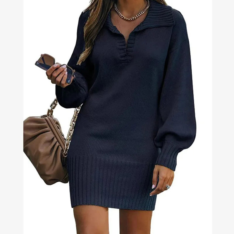 Women's Sweater Mid Length Dresses Fashion Lapel Lantern Sleeve Knit Solid Color Elegant Female Fall Winter Sweater Dress 2024