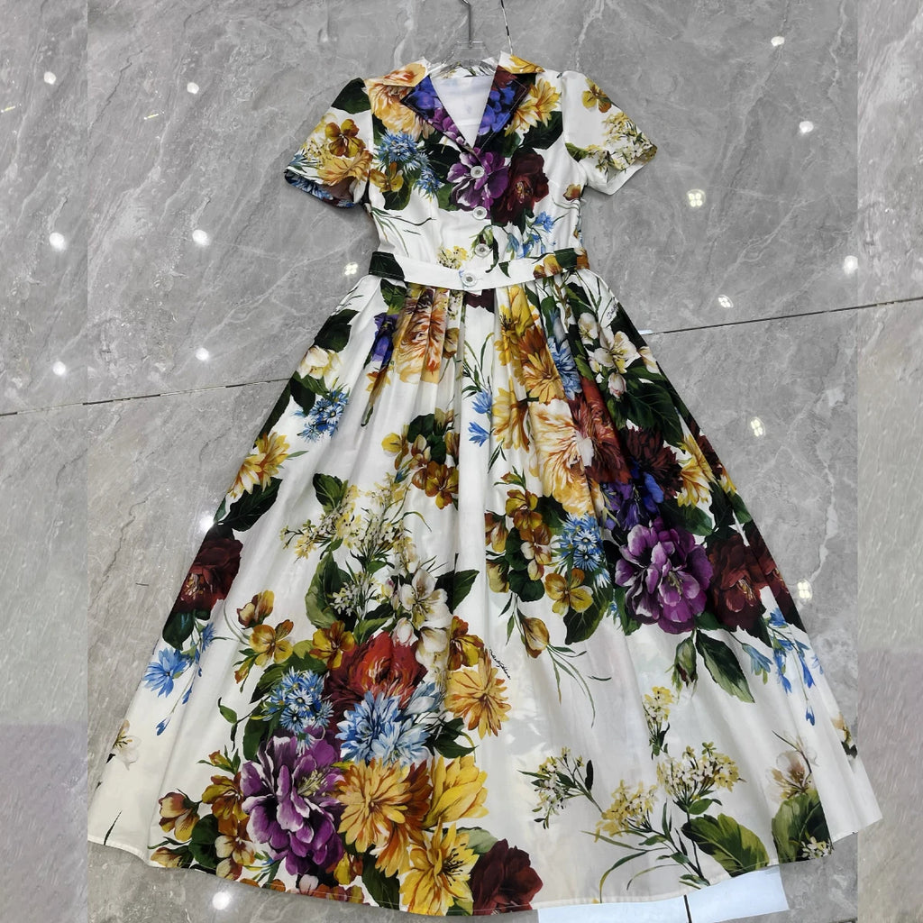 Summer Runway Holiday Flower Shirt Dress Women's Notched V-Neck Short Sleeve Single Breasted A-Line Pleated Midi Vestidos