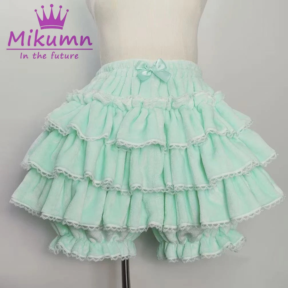 Harajuku Y2k Sweet Pink White Pumpkin Pants Lolita Autumn Winter JK Plush Shorts Japanese Kawaii Ruffles Lantern Shorts