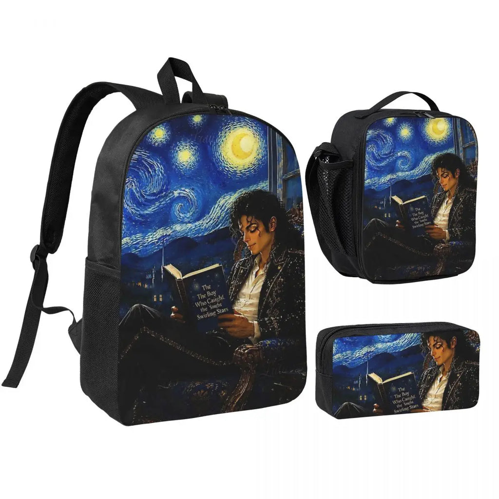 MJ Pop Legend Music 3pecs/set Backpack for Student Shoulder Bag Lunch bag Pencil Case