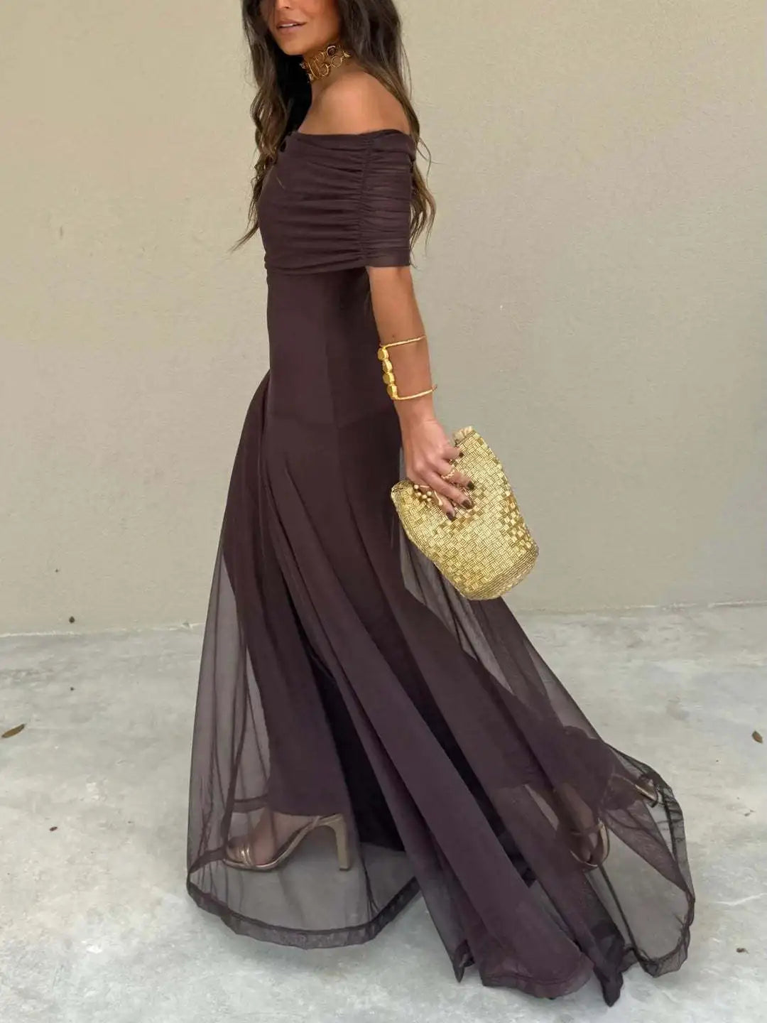 European and American Women's Clothing Tube Top Mesh Stitching Slim Temperament Dress Perspective 2025 Autumn New Models