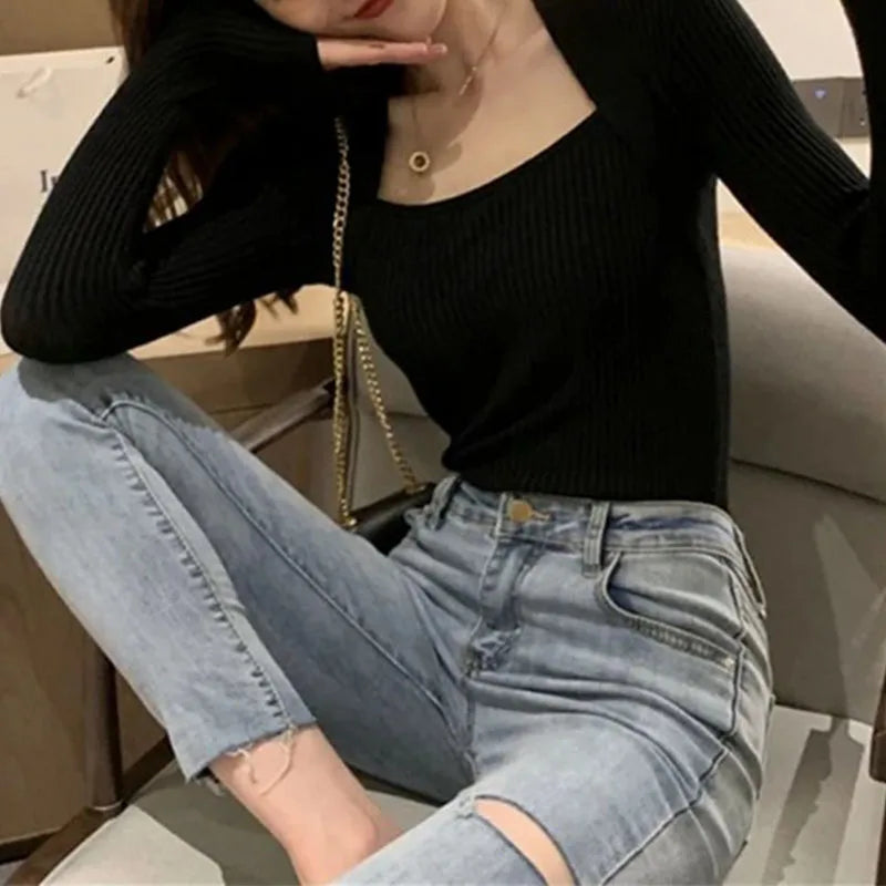 Women Pullover Sweater Autumn Long Sleeve Pullover Basic Top Fashion Elastic Female Winter Solid Knitted Jumper