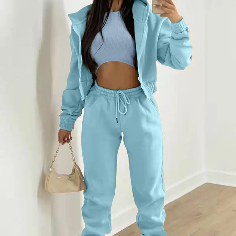 Women's Winter Hoodie Sweatshirt Casual Winter Outfit Three-piece Set Long Trousers for Cold Weather, Travel and Home Comfort
