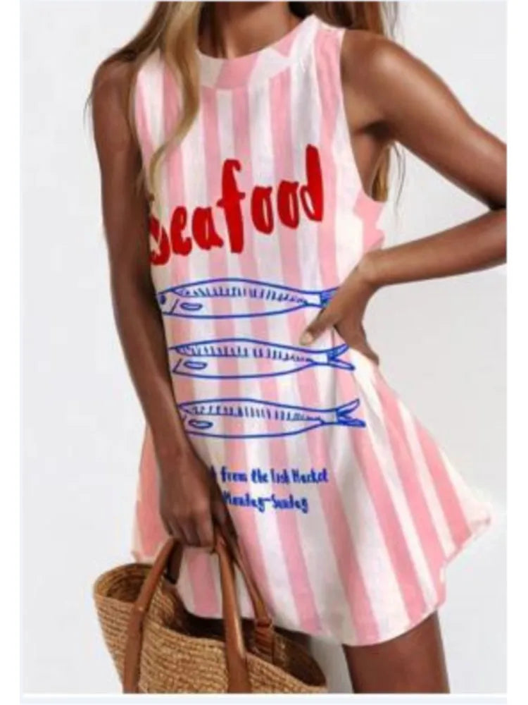 Summer Casual Printed Dress For Women's Sleeveless Round Neck Fashion Dresses Beach Holiday Sundress Party  Vestidos Para Mujer