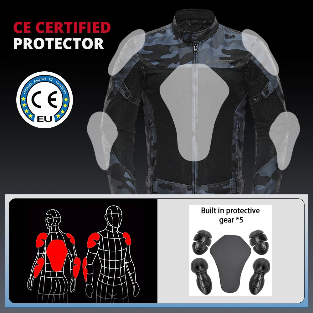 Men's Motorcycle Jacket Outdoor Riding Motorbike Jacket Mesh Breathable Anti-Fall Motocross Clothing With 5pcs Protector