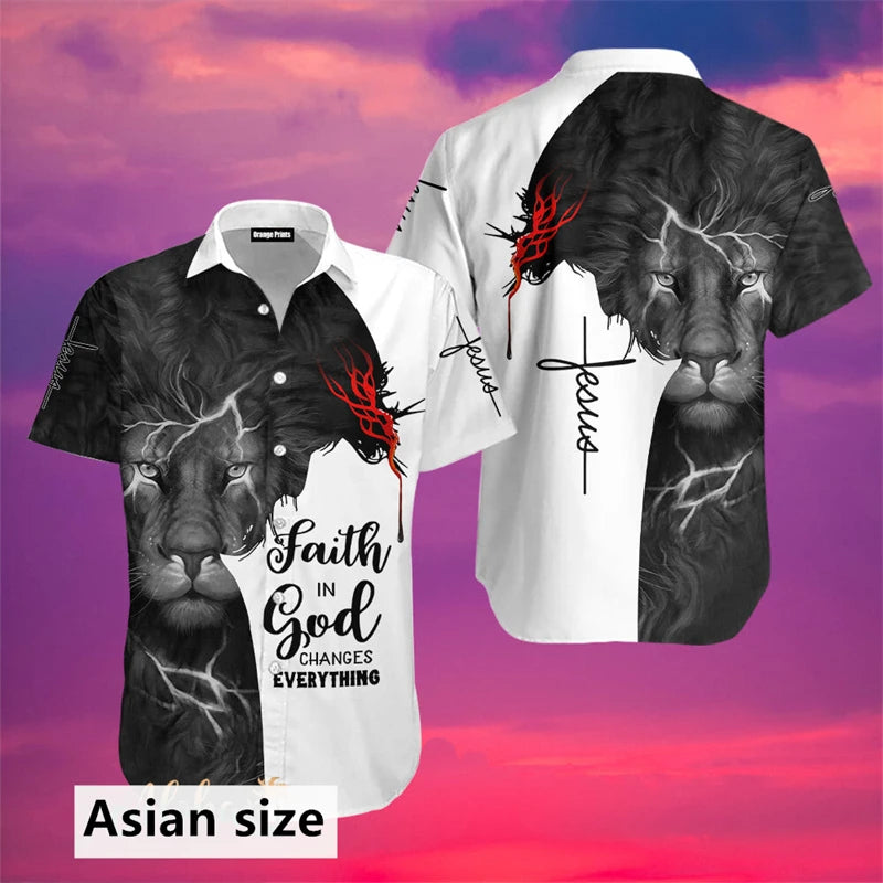 Jesus Cross Lion Graphic Men Shirt Fashion 3D Printed Christian Button Lapel Hawaiian Shirts Summer Street Short Sleeves Tops