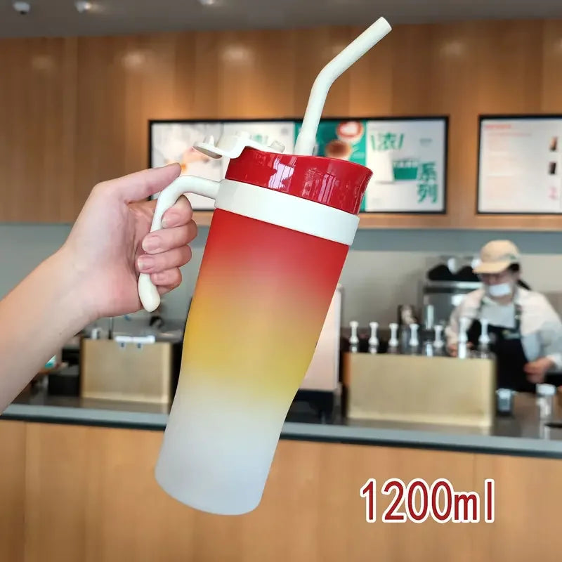 1200ml Large Capacity Gradient Frosted Sports Water Bottle Tumbler for Car Gym Outdoor Travel Reusable BPA Free Cup with Straw