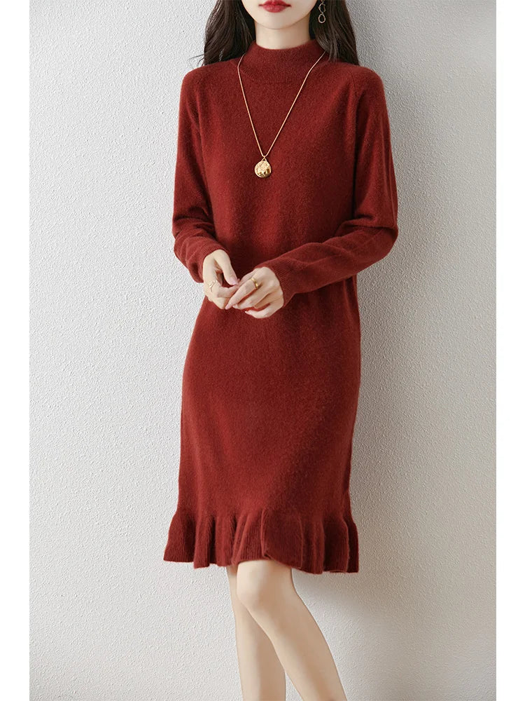 Women's Pure Wool Knitted Dress, High Collar, Pleated, Casual, Fashionable, Warm, 2024 Autumn And Winter