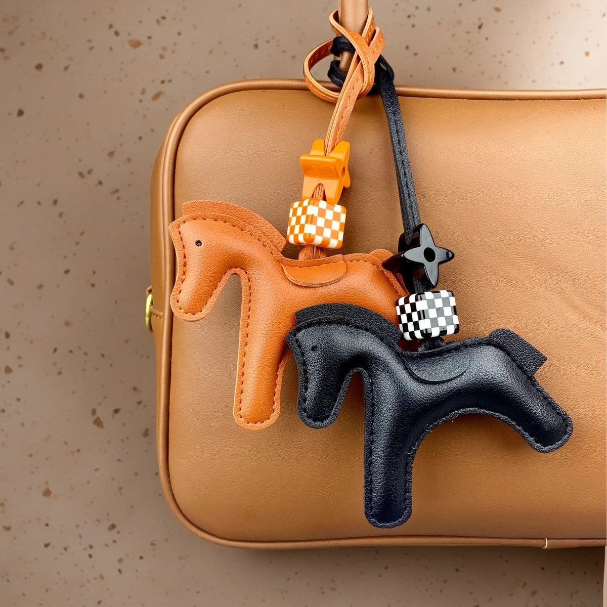 Chic PU Leather Pony Bag Charm, Lucky Clover & Checkered Bead Pendant, Y2K Boho Purse Accessory, Gift for Her