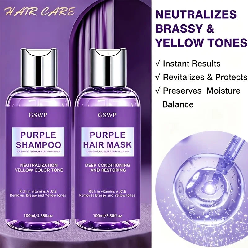 GSWP Purple Shampoo & Hair Mask Set, Neutralize Yellow & Brassy Tones, Deep Conditioning Repair Damaged Hair.100+100ml