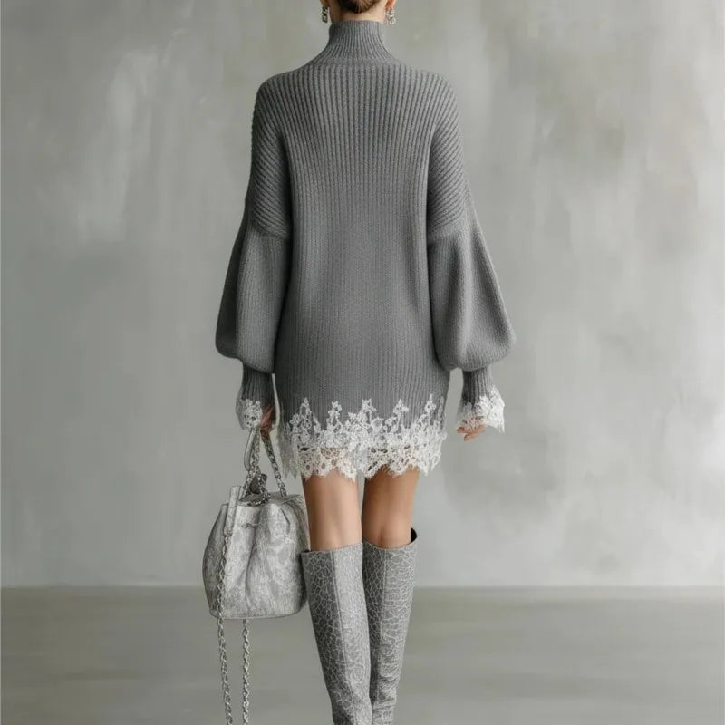 Knitted Sweater Dress For Women Autumn Winter Casual Solid High Neck Dresses Lady Fashion Lace Hem Splicing Loose Mini Vestidos