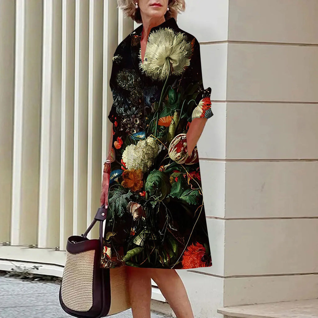 Spring and Summer Women's Dresses Fashion Lapel Printed Long Sleeve Shirt Street Shooting High Temperament New Traveling Gowns