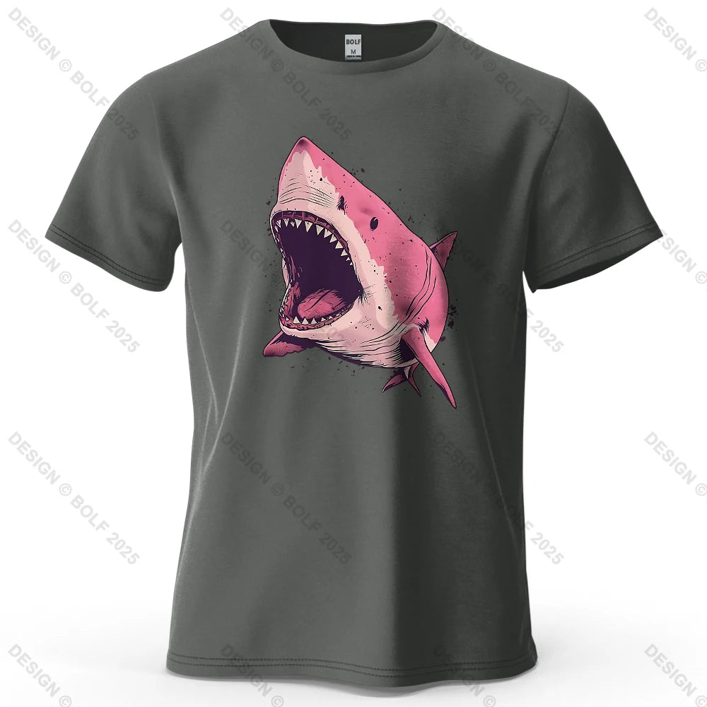 Pink Shark Cartoon Image Printed Men's T-Shirt 100% Cotton Oversized Marine Life Graphic Tees for Women Tops Tees Streetwear