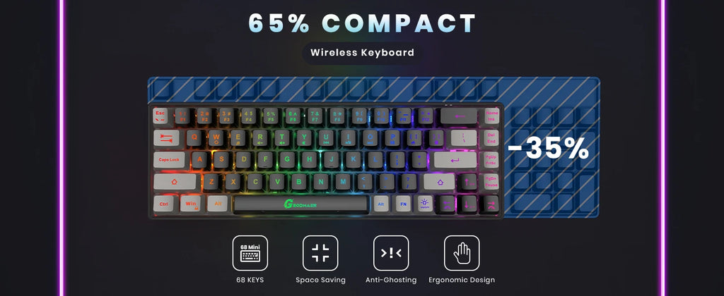 GEODMAER Wireless Gaming Keyboard Rechargeable Backlit Gaming Keyboard 68 Keys English/Spanish Layout 2.4G Keyboard for PC