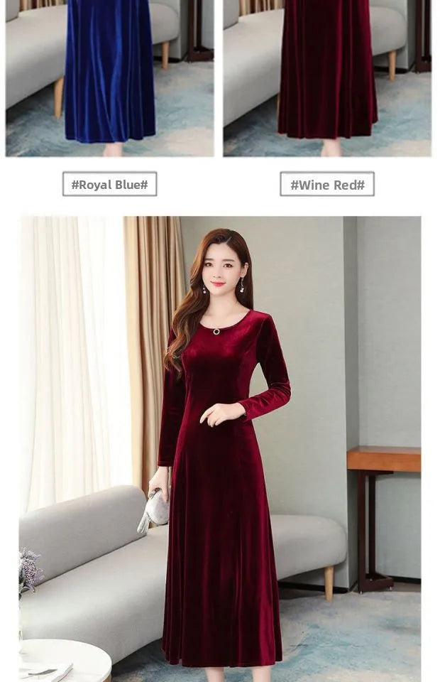 Elegant Long Velvet Dress Women's Autumn Winter New Style Knee-Length A-Line Skirt Polyester Fabric Regular Sleeve round Neck