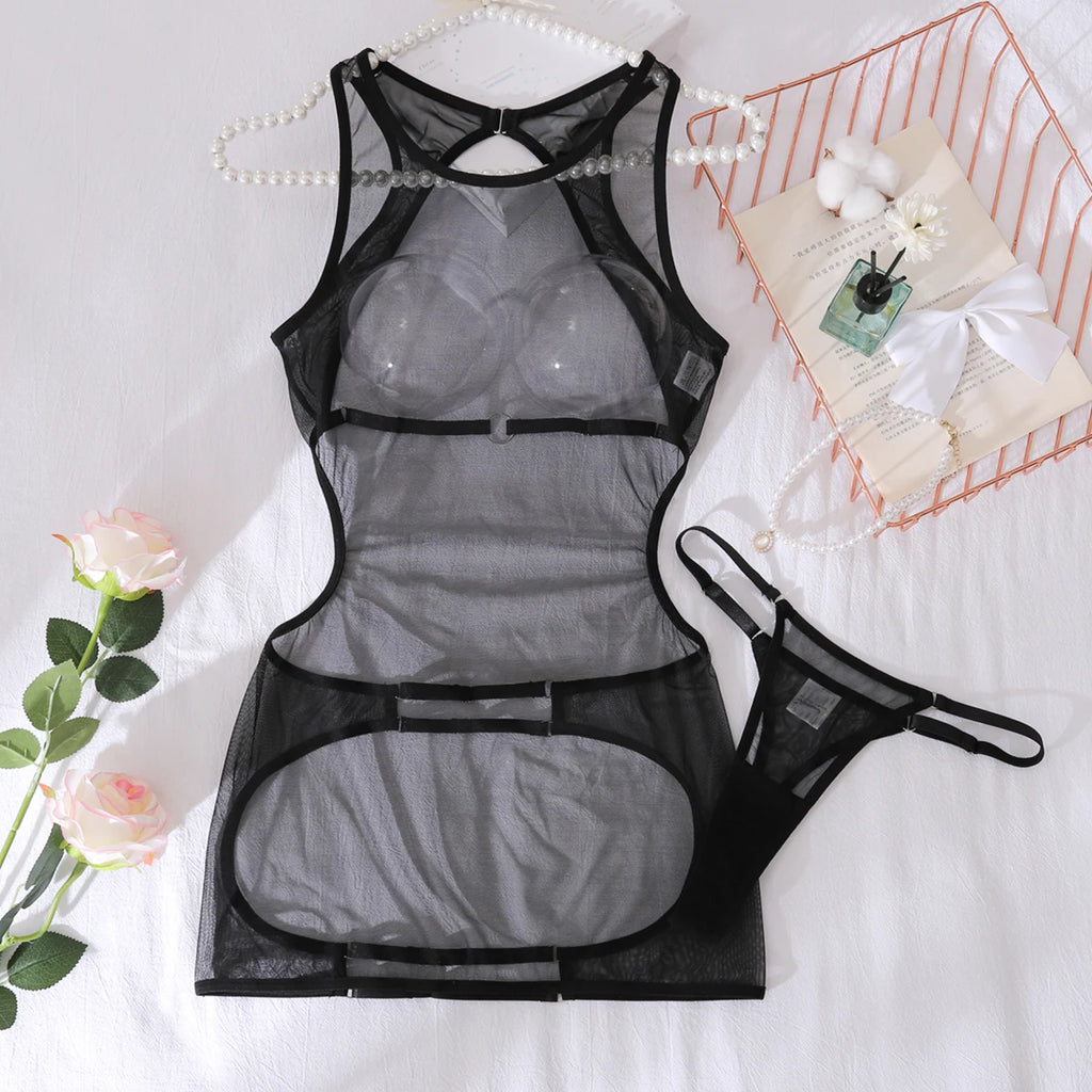 Ellolace Sexy Women's Dress Seductive Sheer Hilitos Club Party Set Ultra Hot Summer Backless Tank Underwear Kit