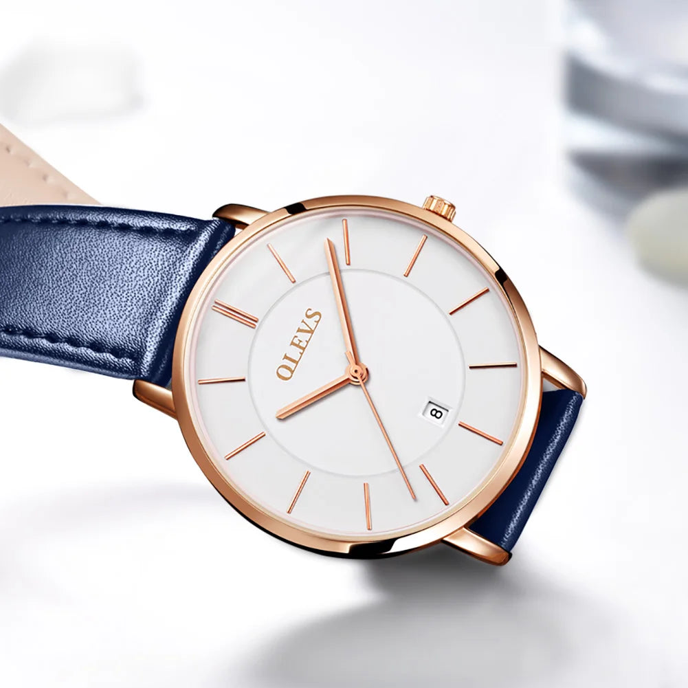 OLEVS 5869 Ultra Thin 6.5mm Quartz Watch for Men Fashion Leather Strap Simple Luxury Auto Date Clock Men's Wristwatch Waterproof