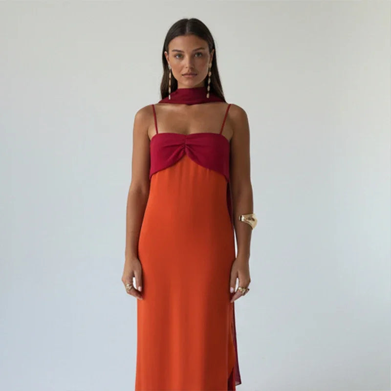 Color Blocking Scarf Collar Sling Dress Sexy Waist Cinching Chic Split Bodycon Maxi Dresses 2026 Lady Club Party Vestido