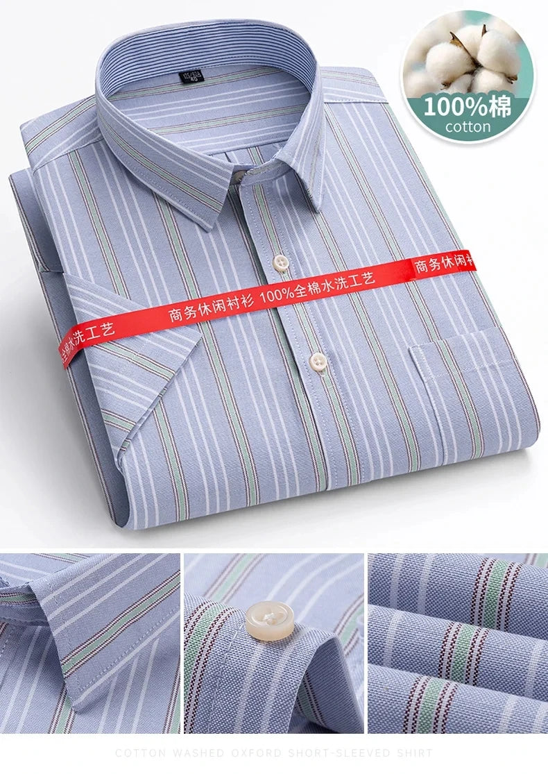 100%Pure Cotton Oxford Men's Shirts Short Sleeve Plaid Soft Regular Fit Formal Dress Shirt Social Blouse Male Clothes 6XL 7XL