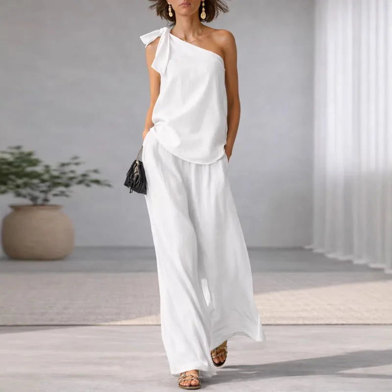 Women's 2 Piece Set 2026 Spring Sexy One Shoulder Tie Knot Top And Wide Leg Pants Suit Casual Loose Summer Beach Vacation Outfit