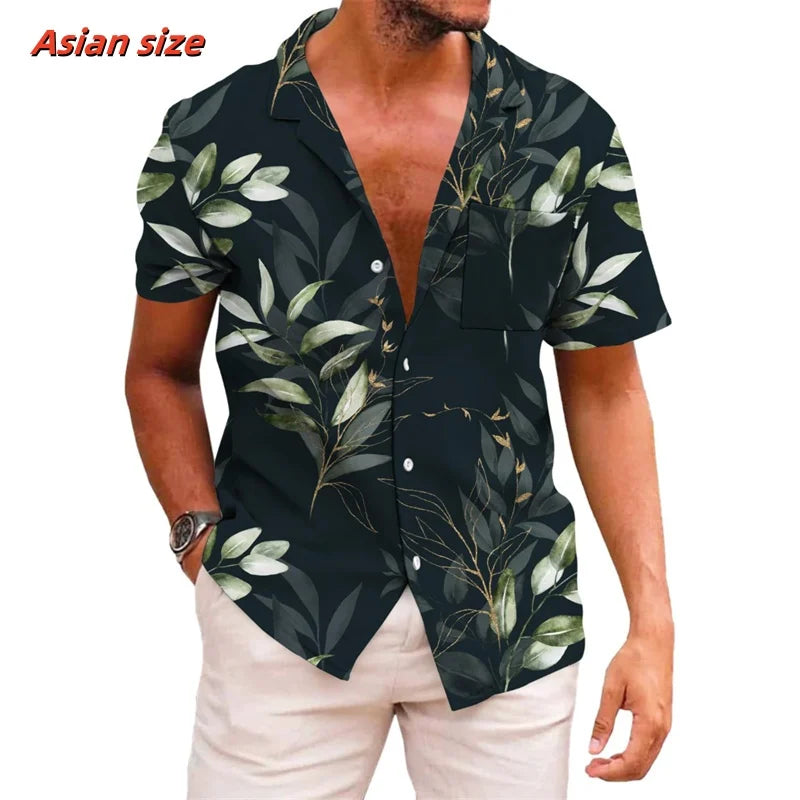 Leaf Coconut Tree Pattern Hawaiian Shirt For Men Plants 3D Printed Short Sleeve Tops Casual Lapel Aloha Shirts Loose Blouses