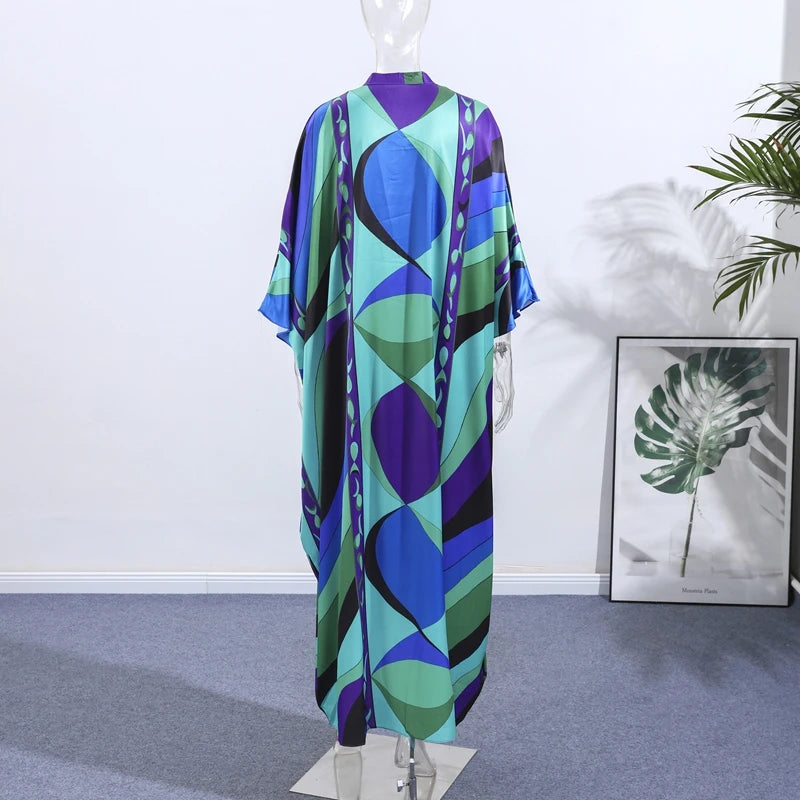 Casual Vacation Long Puff Sleeve V-neck Beach Dresses Fashion Printed Oversize Maxi Dress Women Lady Summer Bohemia Party Robes