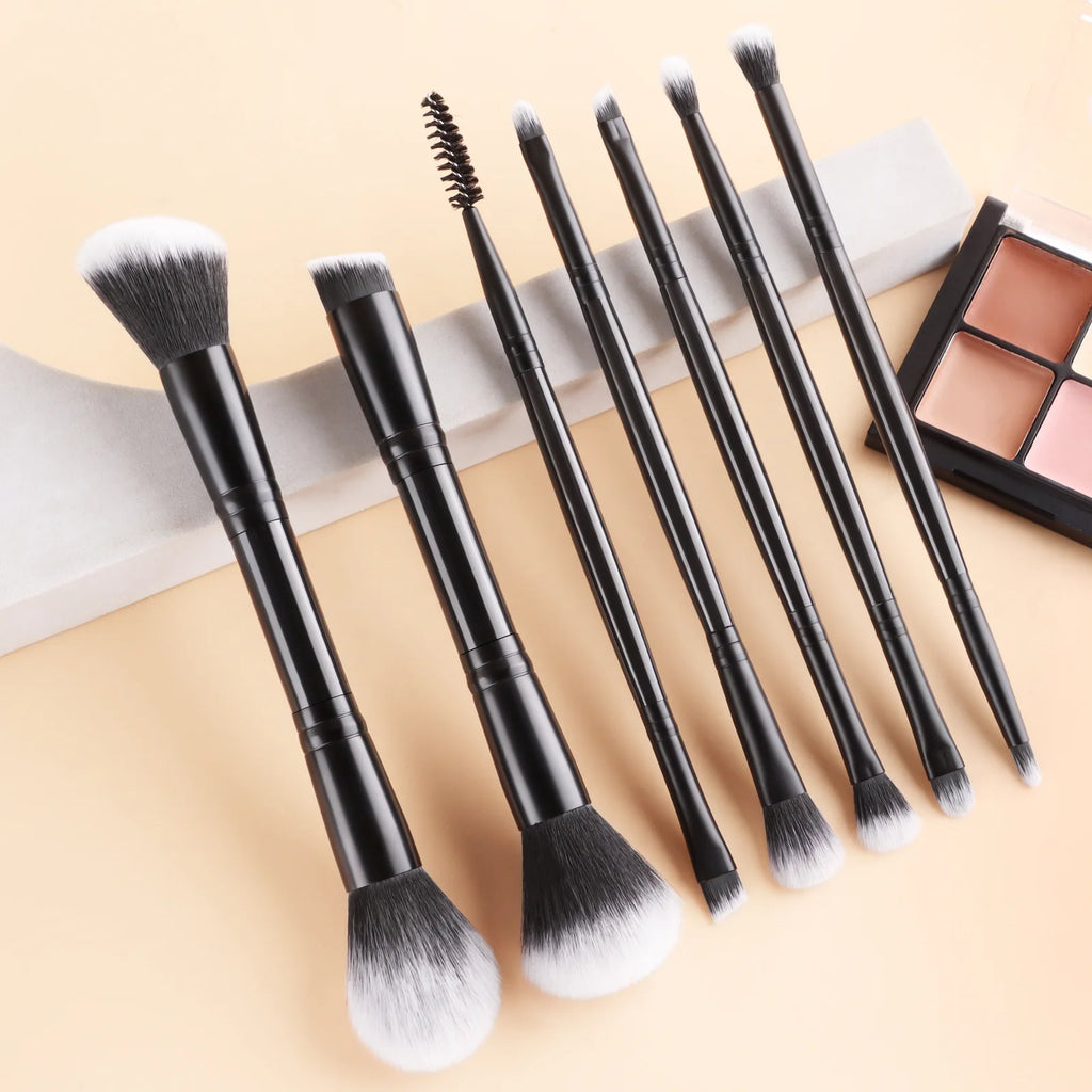 7 double-ended makeup brushes, loose powder brush, foundation brush, eyeshadow brush, eyebrow brush, soft hair beauty tool.