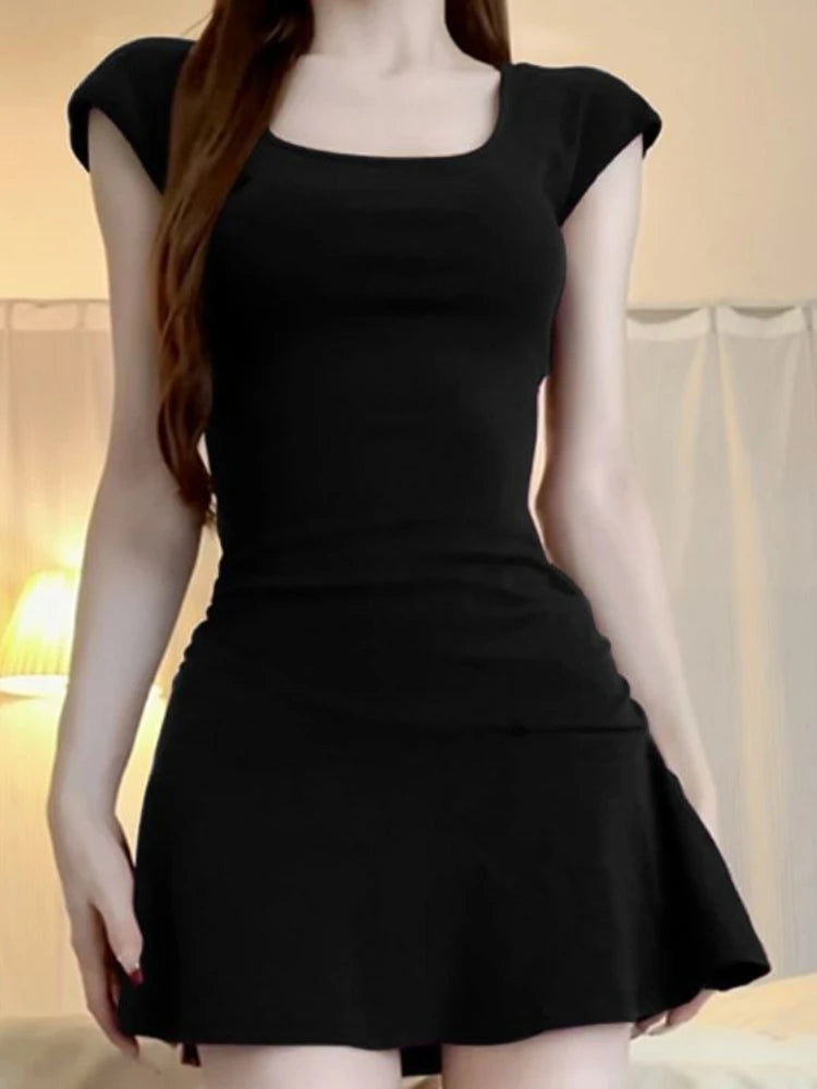 Spicy Girl Solid Purple Womens Short Sleeved Dress Summer Underlay Square Collar Temperament Waist Tight Wrapped Sexy Mini Dress