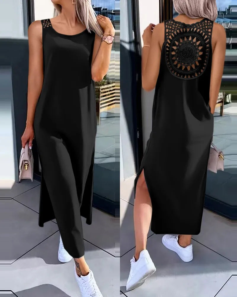Summer Casual Temperament Fashionable Slim Fit Solid Color Round Neck A-line Skirt Lace Lace Lace Back Sleeveless Slit Dress