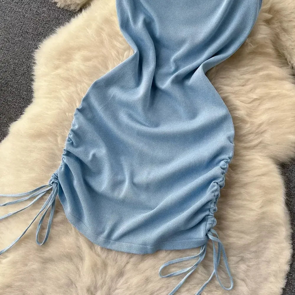 2024 Fashion Y2K Solid Knitted Women Dress Sexy Halter Backless Slim Elastic Bodycon Summer Short MiniDress Streetwear Vestidos