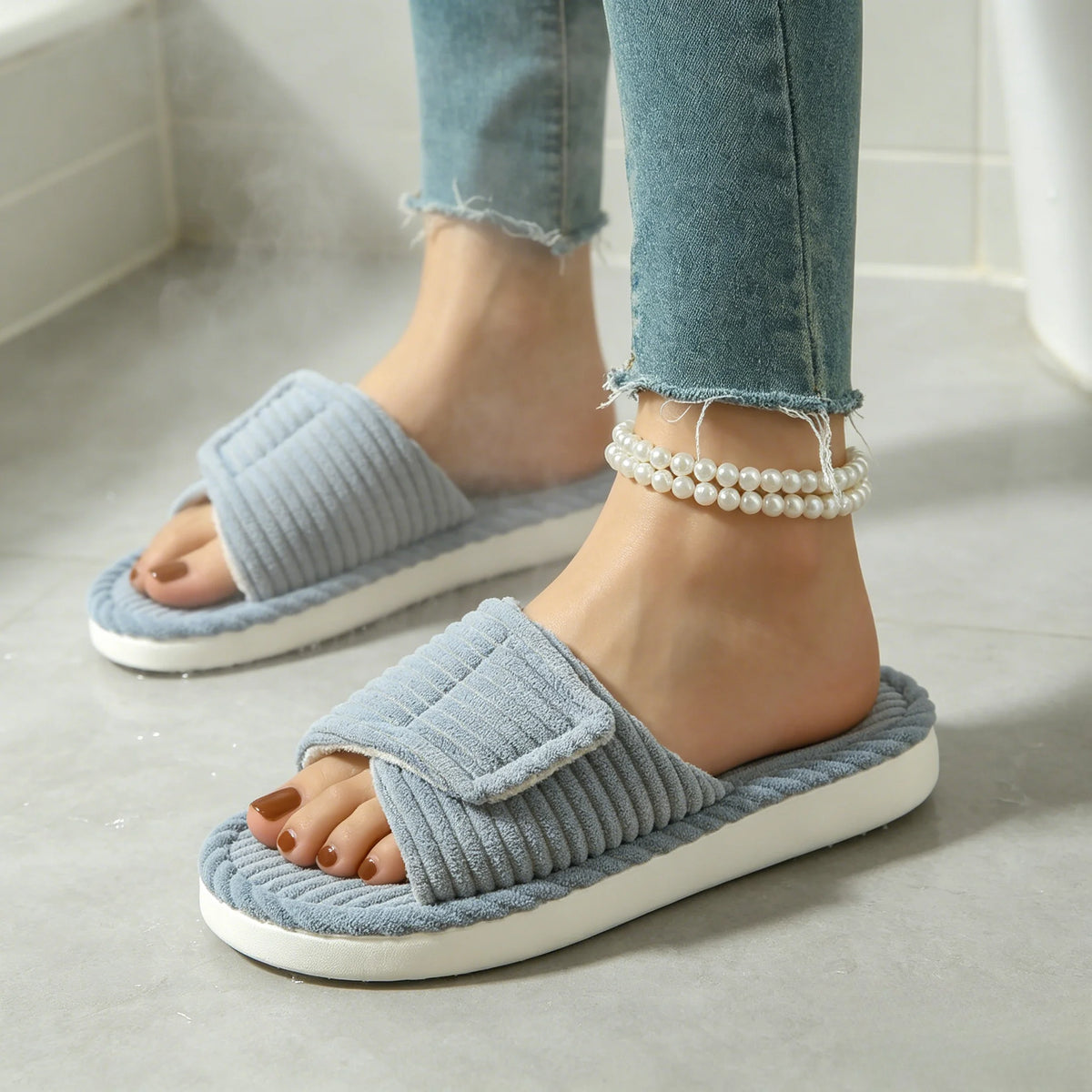 Winter Women's Corduroy Orthopedic Slippers with Arch Support Velcro Adjustable Open Toe Shoes Cotton Home Flat Slides