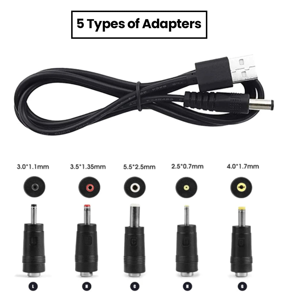 5 in 1 USB to 5V DC Power Cable 5.5 * 2.5mm Jack Charging Cord with 5 Selectable Connector Universal Power Cable for TV Box