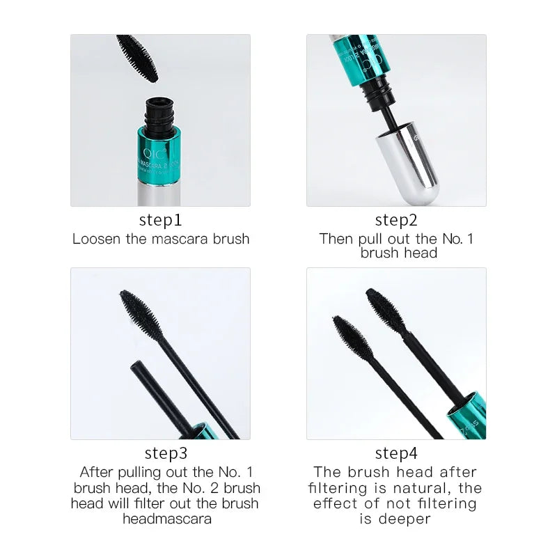 2-in-1 Double-Ended 4D Silk Fiber Mascara Quick Dry Waterproof Thick Curling Silver Tube Eyelash Mascara for Instant Volume