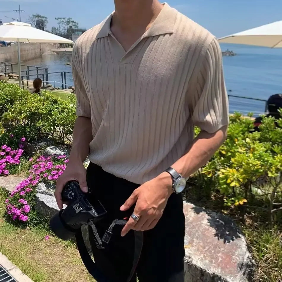 Trendy Polo Shirt for Men Summer Solid Color Top Versatile Knit Style Korean Short Sleeves Casual Fashion T-shirt