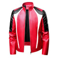 Men's Motorcycle Style Leather Jacket Slim Fit Windproof Stand Collar Red Black Biker Jacket Casual Moto Racing Coat