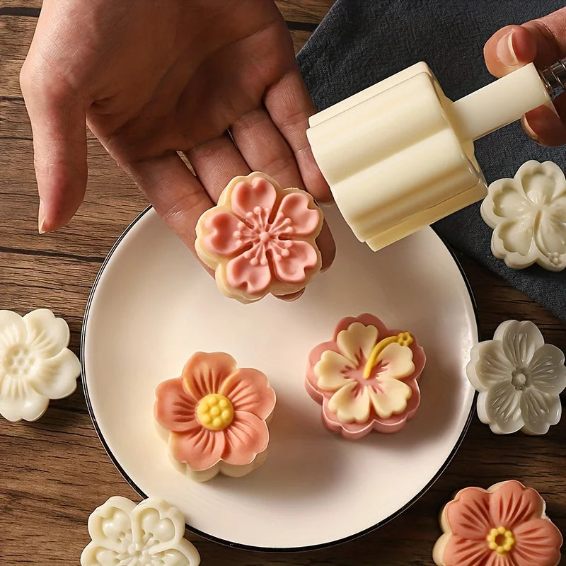 Mooncake Press Molds,Mid Autumn FestivalMooncake Mold Set 50g Flower Moon Cake Mold with4Pcs Stamps