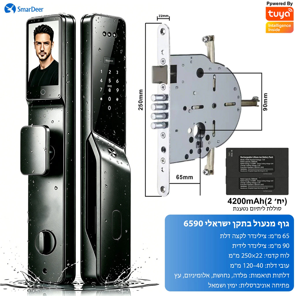 SmarDeer 6590 Israeli Standard Mortise Smart Lock, Tuya WiFi 3D Face Palm Vein Lock, IP66 Waterproof Hebrew Support