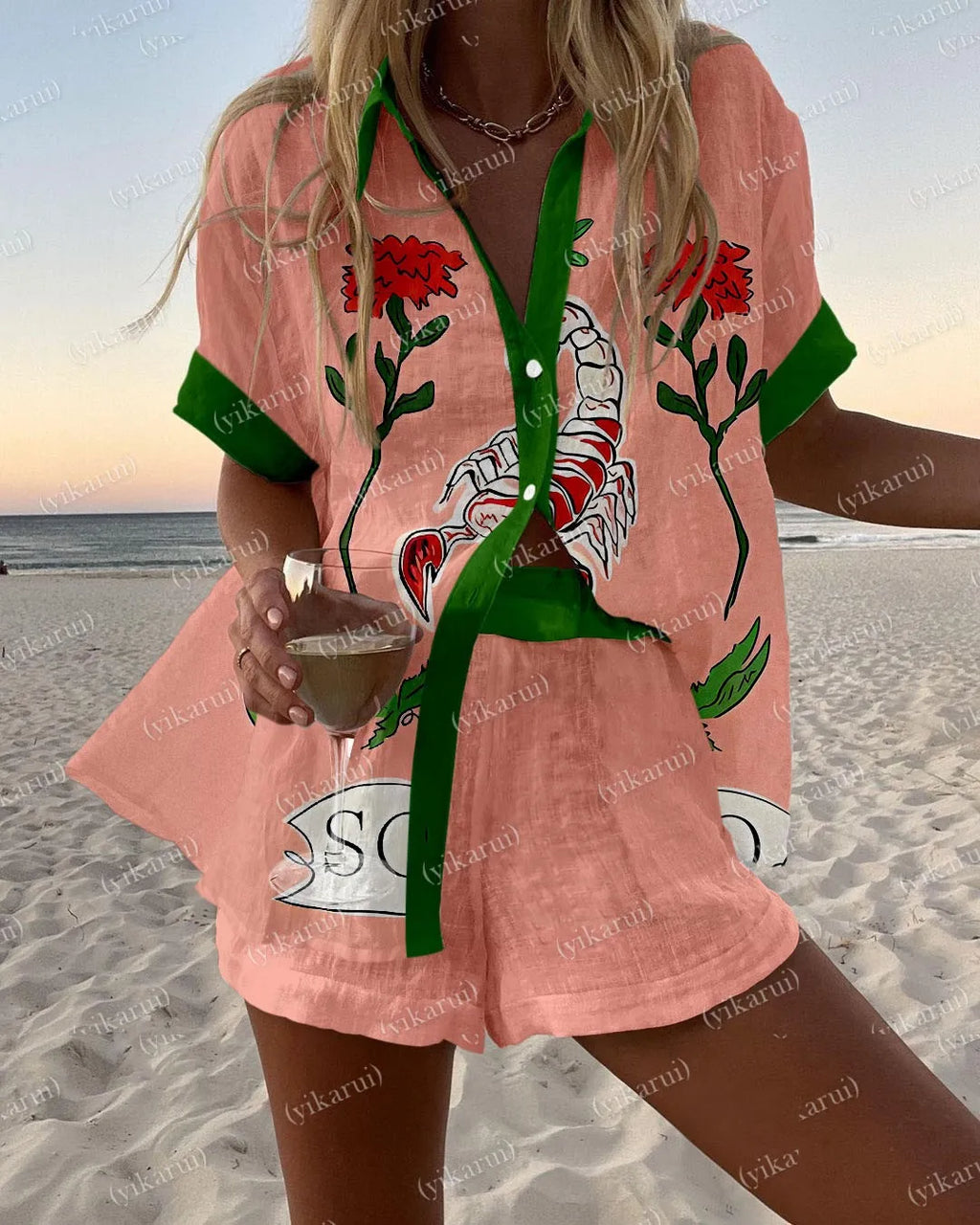 Summer Fashion Colorful Printed Blouse Shorts Two Pieces Sets Women Lapel Short Sleeve Button Shirt Suit Beach Holiday Outfits