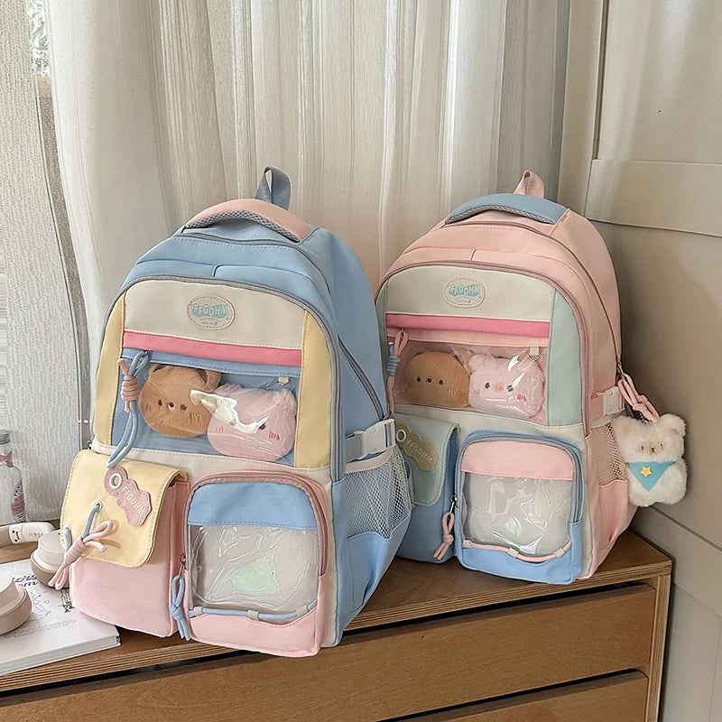 Women's Pastel Color Block Backpack Clear Display Pockets Plush Charm Bow Detail Adjustable Strap Casual Daily Itabag School Bag